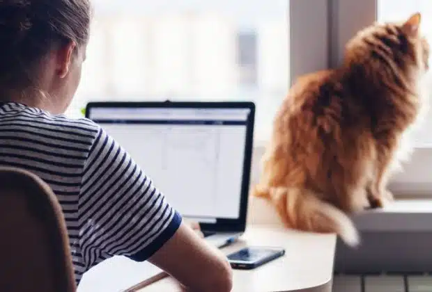 Une femme de dos sur son PC